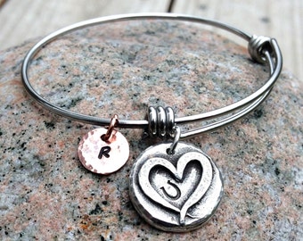 Adjustable Hoof Print on my Heart Bangle Bracelet, Personalized, Mixed Metal