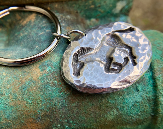 Running Horse Key Chain, Mustang Key Ring, Hammered