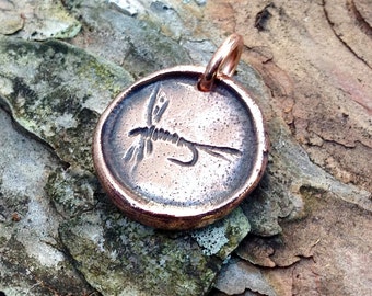 Copper Fly Fishing Pendant, Mayfly, Wax Seal Fishing Charm, Rustic Jewelry, Recessed Design, Fisherman Gift, Outdoor Lover, Fisherwomen Gift