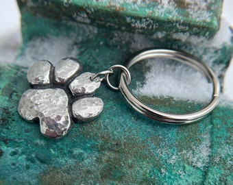 Chunky Paw Print Keychain, Pet Lover Key Ring, Dog Mom Gift, Hand Cast Pewter, Rustic Hammered Texture