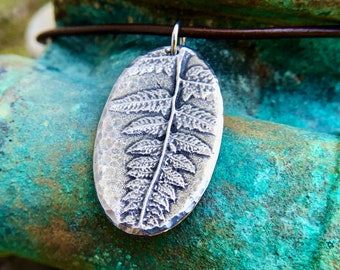 Fern Necklace, Oval Botanical Pendant, Rustic Hand Cast Pewter, Hand Hammered, Forest Foliage, Woodland Plant Jewelry