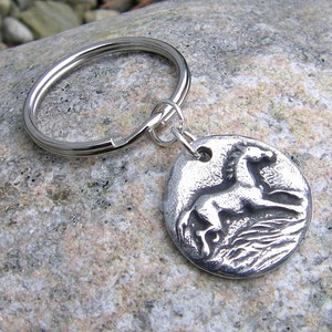 Happy Horse Keychain, Running Horse Key Ring, Rustic Accessory, Equestrian Gift, Hand Cast Pewter