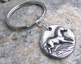 Happy Horse Keychain, Running Horse Key Ring, Rustic Accessory, Equestrian Gift, Hand Cast Pewter