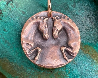 Two Horses Copper Pendant, Rustic Jewelry, Equestrian Gift, Horse Lover