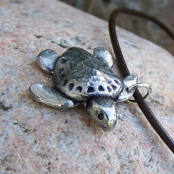 Sea Turtle Necklace, Ridley Turtle Pendant, Rustic Jewelry, Summer, Beach, Ocean Lover Gift, Hammered, Hand Cast Pewter