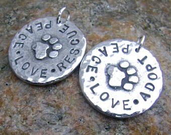 Peace Love Rescue, Peace Love Adopt Pendant, Rustic Handmade Jewelry