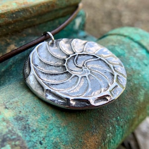 Nautilus Shell Necklace, Natures Spiral Pendant, Fibonacci Jewelry, Rustic Ocean Gift, Summer Beach Trend, Hand Cast Pewter, Focal, Large image 1