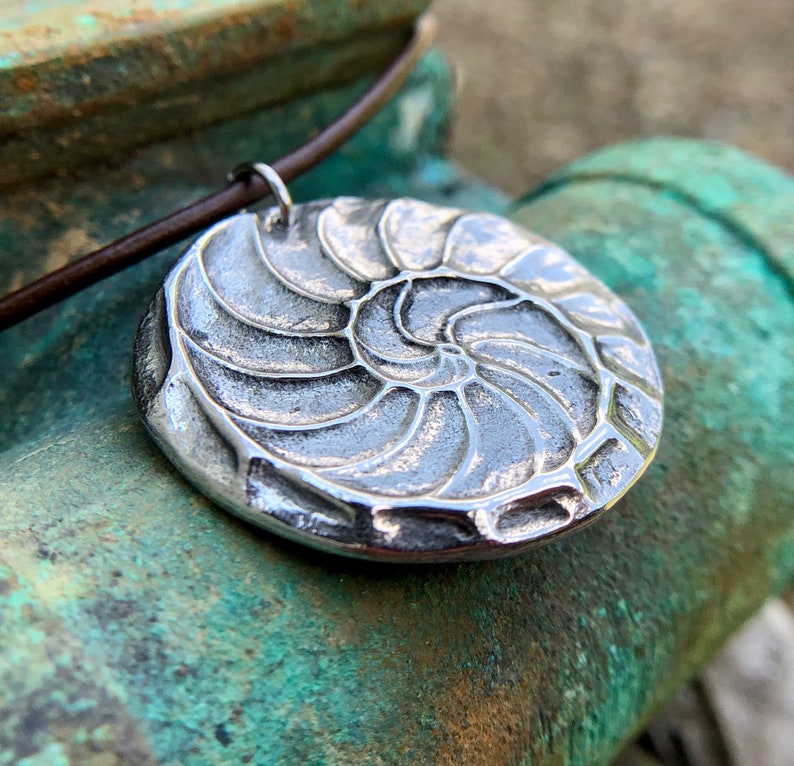 Nautilus Shell Necklace, Natures Spiral Pendant, Fibonacci Jewelry, Rustic Ocean Gift, Summer Beach Trend, Hand Cast Pewter, Focal, Large image 1