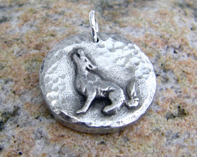 Howling Wolf Pendant, Wolf Moon Charm, Rustic Wolf Jewelry