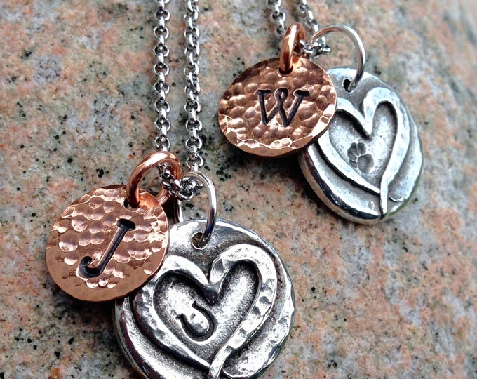 Hoof Print or Paw Print on Heart Necklace, Custom Pet Initail Pendant