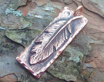 Copper Feather Pendant, Handcrafted Boho Jewelry