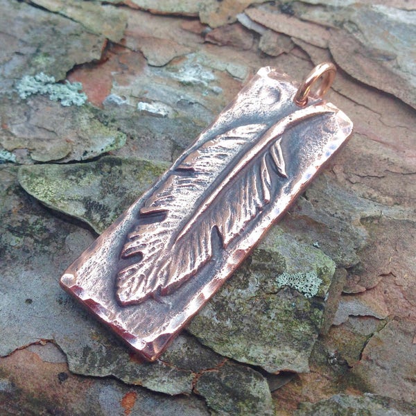 Copper Feather Pendant, Handmade Jewelry Pendant, Rustic Boho Jewelry