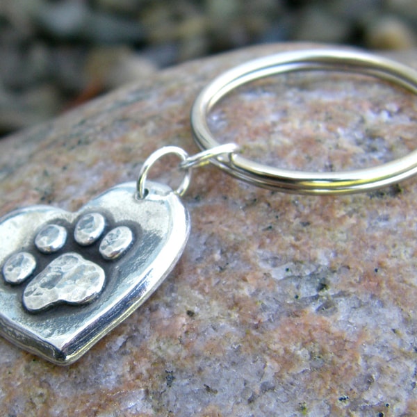 Paw Print on my Heart Keychain, Rustic Handmade Pet Love Key Ring, Dog Lover Gift, Cat Lover, Handcast Pewter