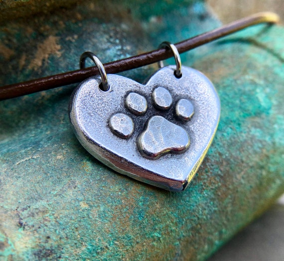 Paw Print on my Heart Necklace Paw Print Heart Pendant Rustic Pet Jewelry Dog Mom Gift Cat Lover Hand Cast Pewter