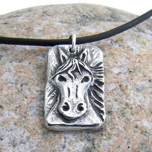 Horse Head Necklace, Rustic Horse Pendant, Cute Pony Jewelry, Equestrian Gift, Hand Cast Pewter Pendant image 2