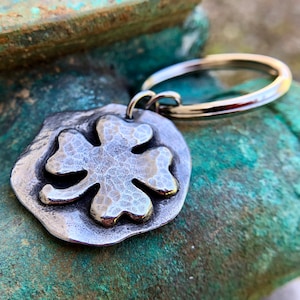 Four Leaf Clover Keychain, Shamrock Key Ring, Hand cast Pewter, Hammered, Rustic, Good Luck Charm