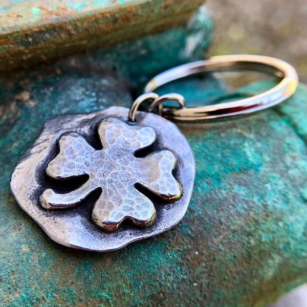 Four Leaf Clover Keychain, Shamrock Key Ring, Hand cast Pewter, Hammered, Rustic, Good Luck Charm