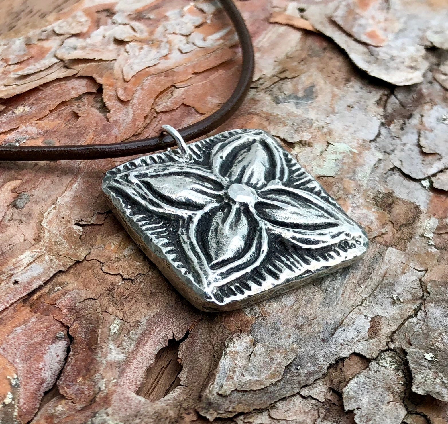 Flower Necklace Floral Pendant Hand Cast Pewter Rustic Etsy