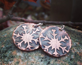 Copper Falling Snowflake Earrings, Sterling Silver Earwires