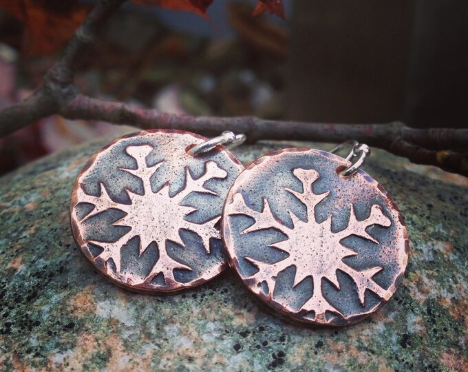 Copper Falling Snowflake Earrings, Sterling Silver Earwires