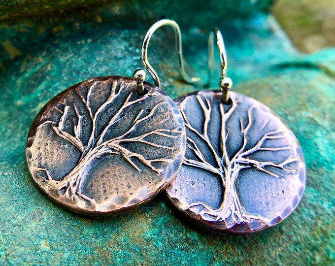 Copper Rustic Tree Earrings on Sterling Silver Earwires