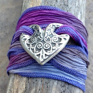 Heart Silk Ribbon Wrap Bracelet, Rustic Heart Jewlery, Boho, Purple, Blue, Green, Love, Gift for Her, Adjustable Wrap Bracelet