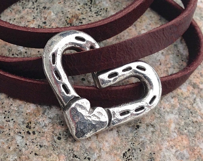 Heart and Horse Shoes Chocolate Leather Wrap Bracelet, Adjustable