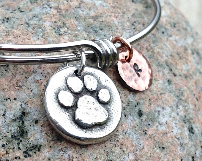 Pet Lovers Bangle Bracelet, Personalized Adjustable, Mixed Metal