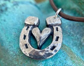 Heart in Horeshoe Necklace, Horse Love Pendant, Rustic Handmade Jewelry, Hand Hammered, Equestrian Gift, Hand Cast Pewter