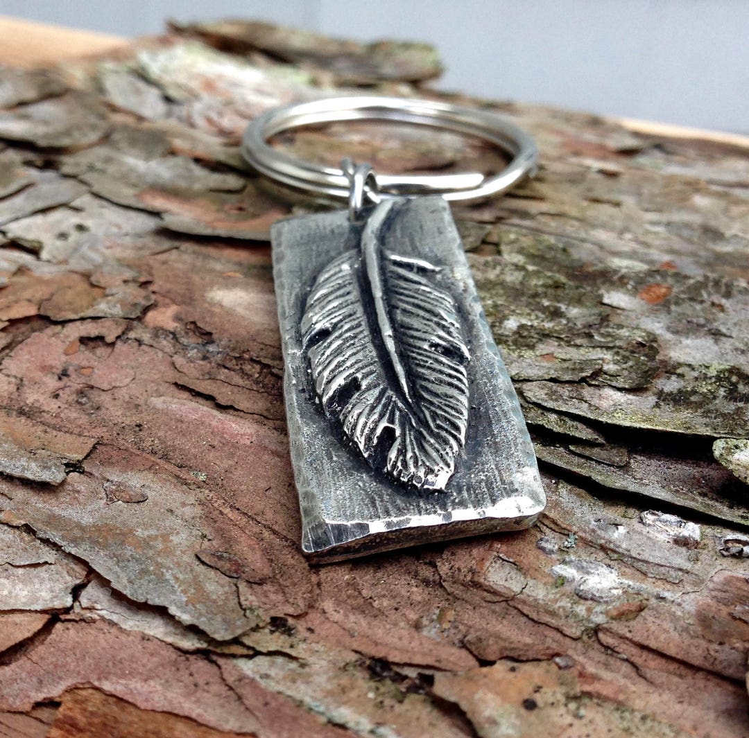 Feather Keychain, Rustic Feather Key Ring, Handcast Pewter Feather ...