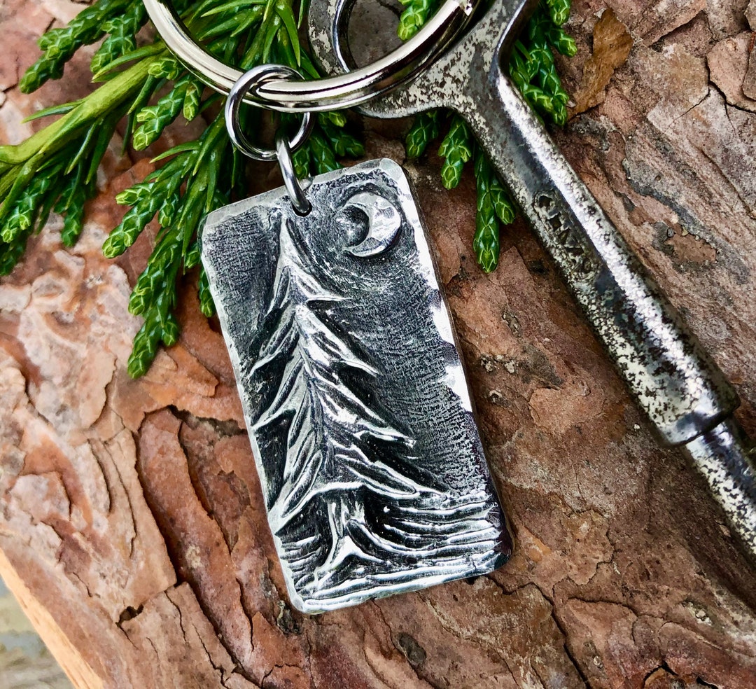 Pine Tree Keychain, Evergreen Forest Key Ring, Rustic Handmade Pewter, Gift for Him or Her