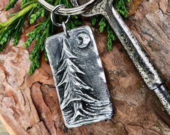 Pine Tree Keychain,  Evergreen Forest Key Ring, Rustic Handmade Pewter, Gift for Him or Her, Crescent Moon, Night Sky, Outdoor Lover