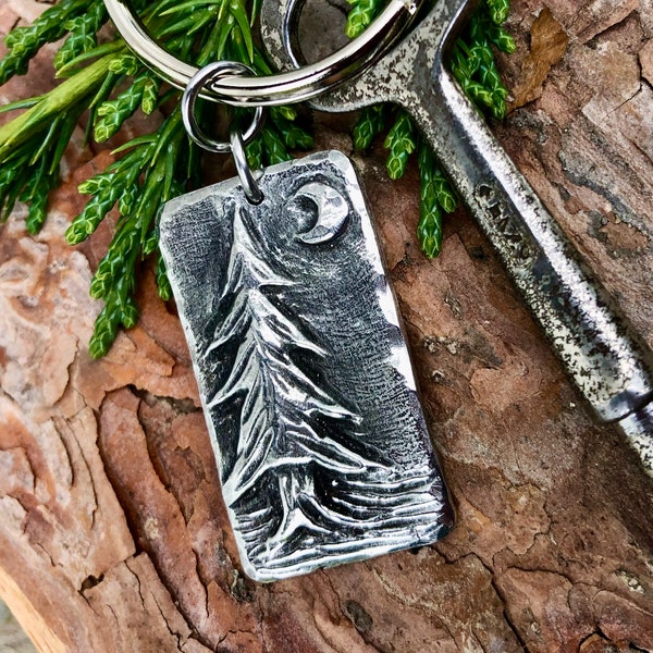 Pine Tree Keychain,  Evergreen Forest Key Ring, Rustic Handmade Pewter, Gift for Him or Her, Crescent Moon, Night Sky, Outdoor Lover