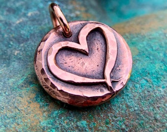 Copper Heart Pendant or Charm, Rustic Handmade Jewelry