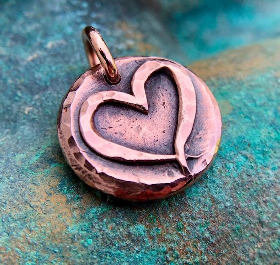 Copper Heart Pendant or Charm Rustic Handmade Jewelry Hammered