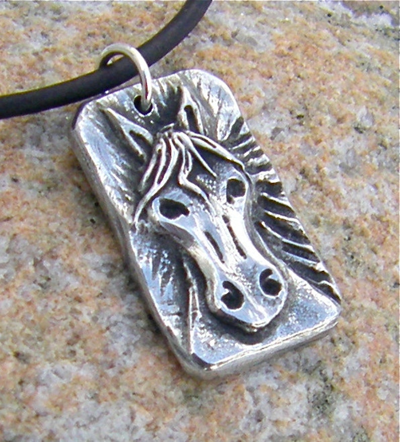 Horse Head Necklace, Rustic Horse Pendant, Cute Pony Jewelry, Equestrian Gift, Hand Cast Pewter Pendant image 1