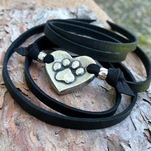 Paw Print on my Heart Wrap Bracelet, Adjustable, Hand Cast Pewter and Leather, Gift for Dog or Cat Lover, Brown or Black Lace