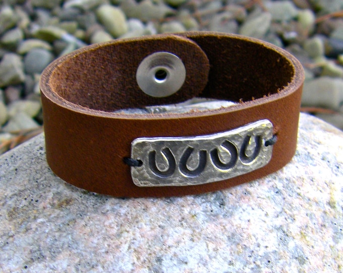 Horse Shoe Leather Cuff Bracelet, Rustic Leather and Pewter