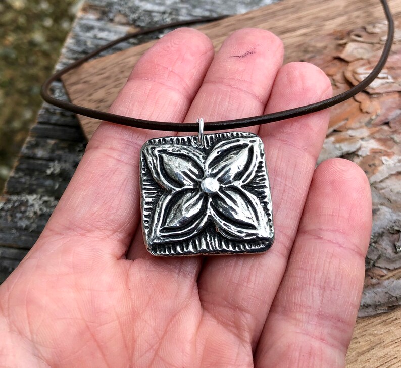 Flower Necklace Floral Pendant Hand Cast Pewter Rustic Etsy