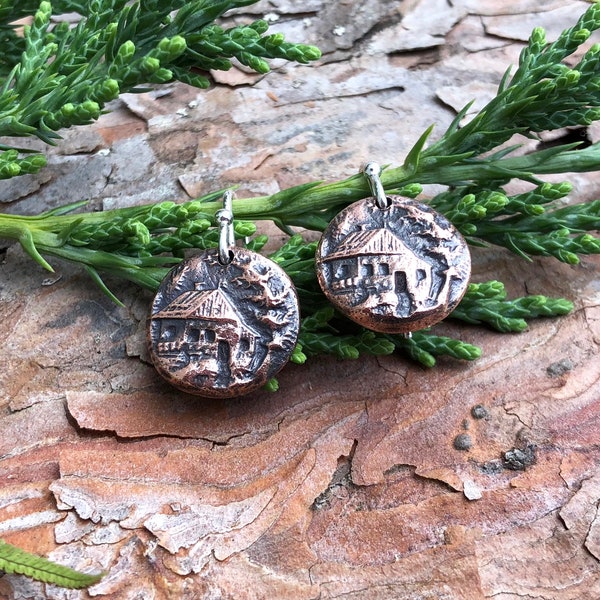 Copper Cabin Earrings, Sterling Silver Earwires, Log Cabin in the Pines, Woodland Retreat, Home Sweet Home