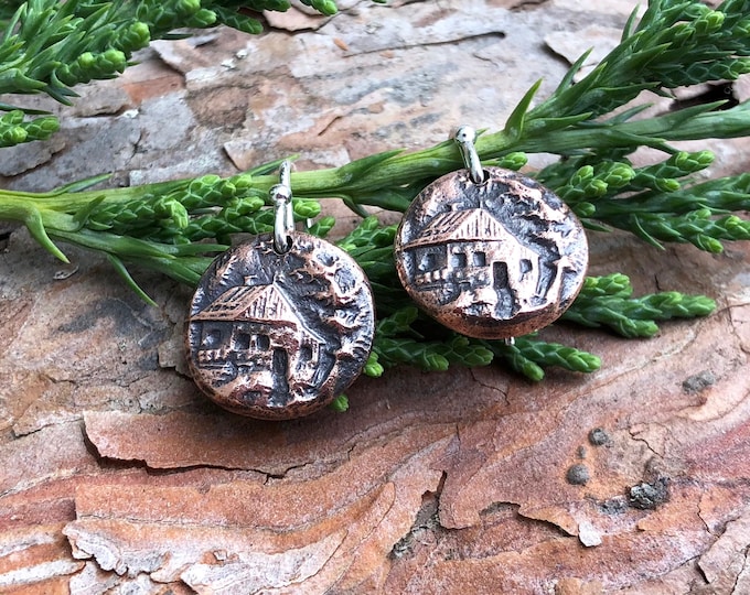 Copper Cabin Earrings, Sterling Silver Earwires, Log Cabin in the Pines, Woodland Retreat, Home Sweet Home