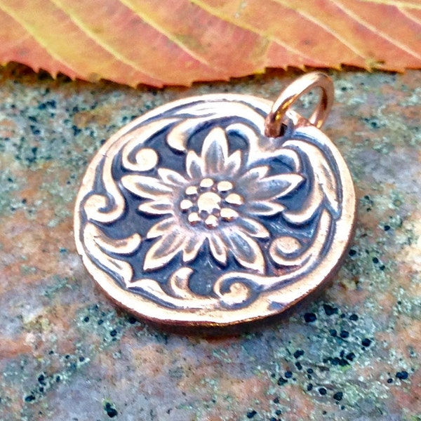 Copper Western Flower Pendant, Rustic Handmade Jewelry, Focal Pendant