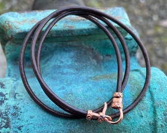 Brown or Black Leather Cord with Copper Clasp, 2mm, Hook and Loop Clasp, you choose the length