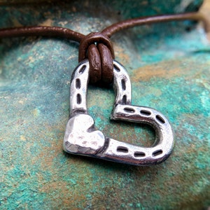 Heart and Horse Shoes Necklace, Horse Love Pendant, Rustic Handmade Jewelry, Hand Hammered, Equestrian Gift, Hand Cast Pewter