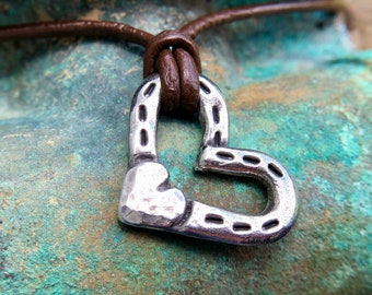 Heart and Horse Shoes Necklace, Horseshoe Love Pendant, Rustic Jewelry, Hand Hammered, Equestrian Gift, Hand Cast Pewter, Leather Cord