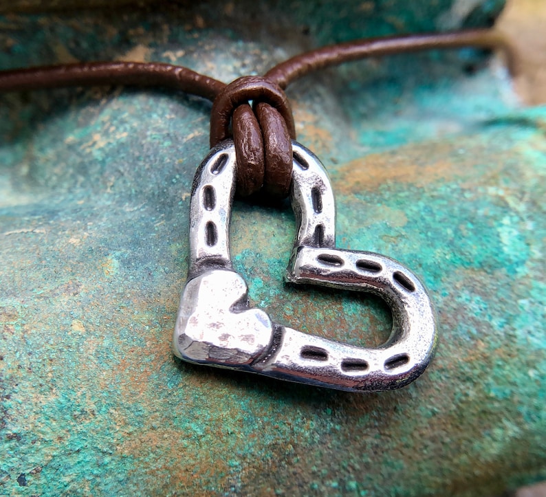 Heart and Horse Shoes Necklace Horse Love Pendant Rustic image 1
