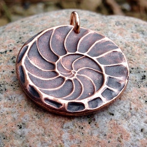 Copper Natures Spiral Pendant, Nautilus Shell Imprint, Rustic Jewelry, Spiral of Life, Fibonacci, Nature Jewelry