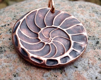 Copper Natures Spiral Pendant, Nautilus Shell Imprint Jewelry