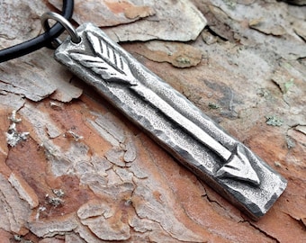 Arrow Necklace, Rustic Arrow Pendant, Hand Hammered, Thin Bar Necklace, Handcast Pewter Pendant, Hand Hammered Edge