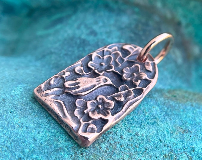 Copper Bird Pendant, Flowering Tree, Handmade Jewelry, Garden Vistor, Songbird